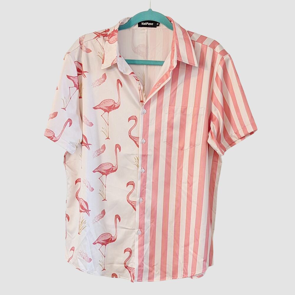 VatPave Flamingo Stripe Button Up Shirt Mens M Pink Resort Vacation Camp